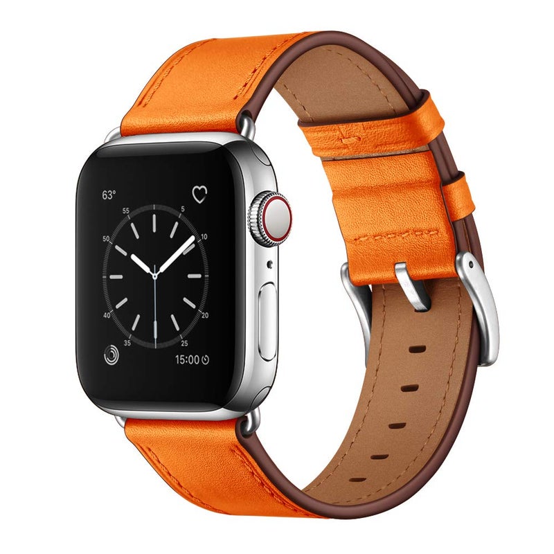 OUHENG Leather Bands Compatible with Apple Watch Band 49mm/46mm/45mm/44mm/42mm, Genuine Leather Strap for iWatch Series 11/10/9/8/7/6/5/4/3/2/1 & Ultra 3/2/1 & SE3 SE2 SE, Orange/Silver - Image 1